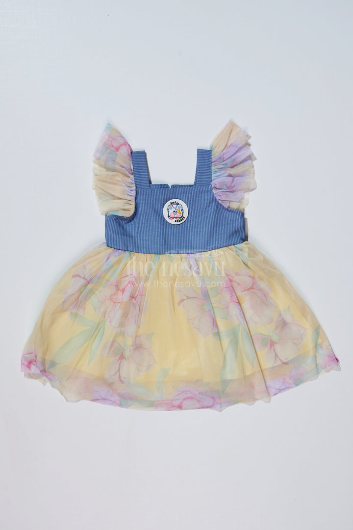 The Nesavu Baby Fancy Frock Baby Girls Super Soft Net Digital Printed Casual Frock with Ruffled Sleeves and Contrast Bodice Nesavu 14 (6M) / Yellow BFJ716A-14 Nesavu Baby Girls Super Soft Net Digital Printed Casual Frock Ruffled Sleeves