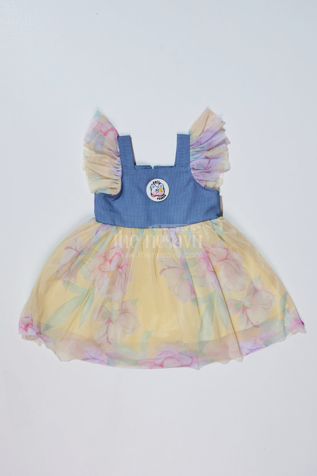 The Nesavu Baby Fancy Frock Baby Girls Super Soft Net Digital Printed Casual Frock with Ruffled Sleeves and Contrast Bodice Nesavu 14 (6M) / Yellow BFJ716A-14 Nesavu Baby Girls Super Soft Net Digital Printed Casual Frock Ruffled Sleeves
