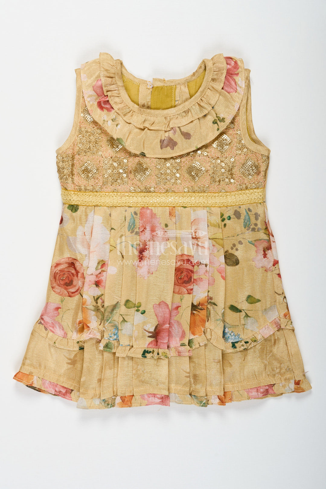 The Nesavu Baby Cotton Frocks Baby Girls Tissue Summer Frock for Baby with Floral Digital Print and Sequins Embroidered Yoke Nesavu 14 (6M) / Yellow BFJ771A-14 Nesavu Baby Girls Summer Frock with Floral Digital Print and Sequin Embroidered Yoke for Everyday Wear