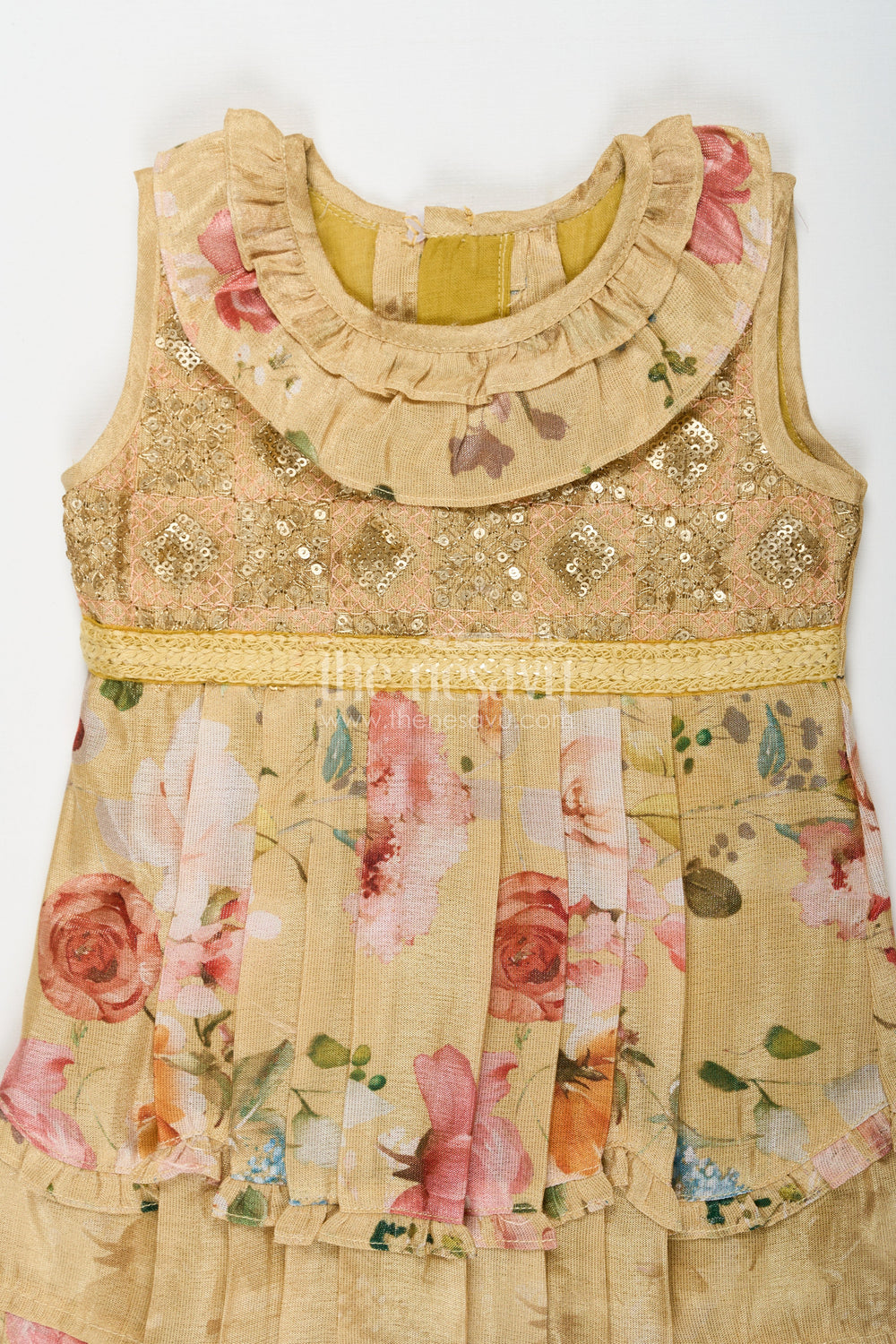 The Nesavu Baby Cotton Frocks Baby Girls Tissue Summer Frock for Baby with Floral Digital Print and Sequins Embroidered Yoke Nesavu Nesavu Baby Girls Summer Frock with Floral Digital Print and Sequin Embroidered Yoke for Everyday Wear