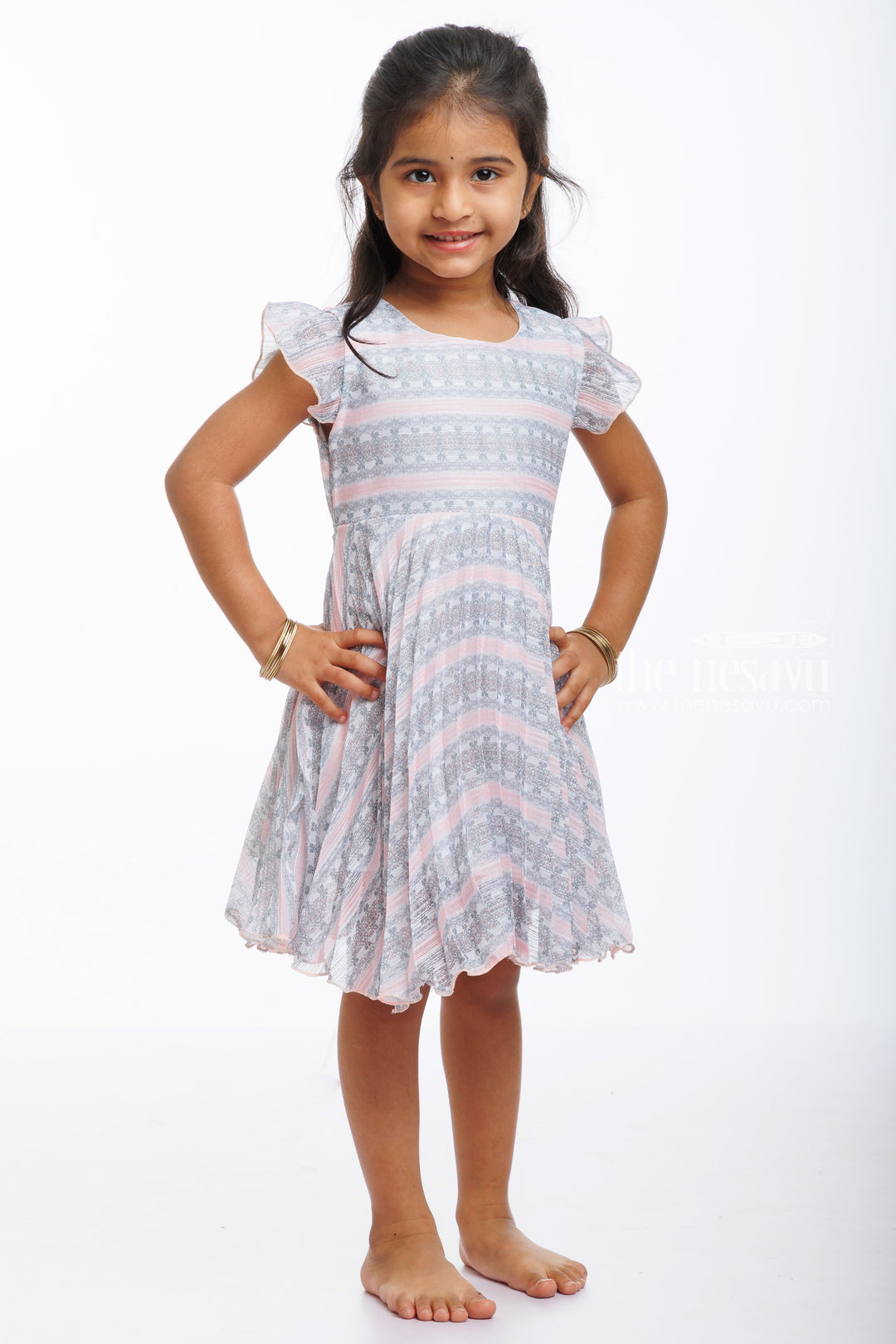 The Nesavu Baby Fancy Frock Baby Girls Whimsical Floral Stripe Summer Dress - Ethereal Comfort Nesavu 16 (1Y) / Pink / Georgette BFJ541B-16 Girls Pink and Grey Floral Stripe Dress | Perfect for Playdates and Parties | The Nesavu