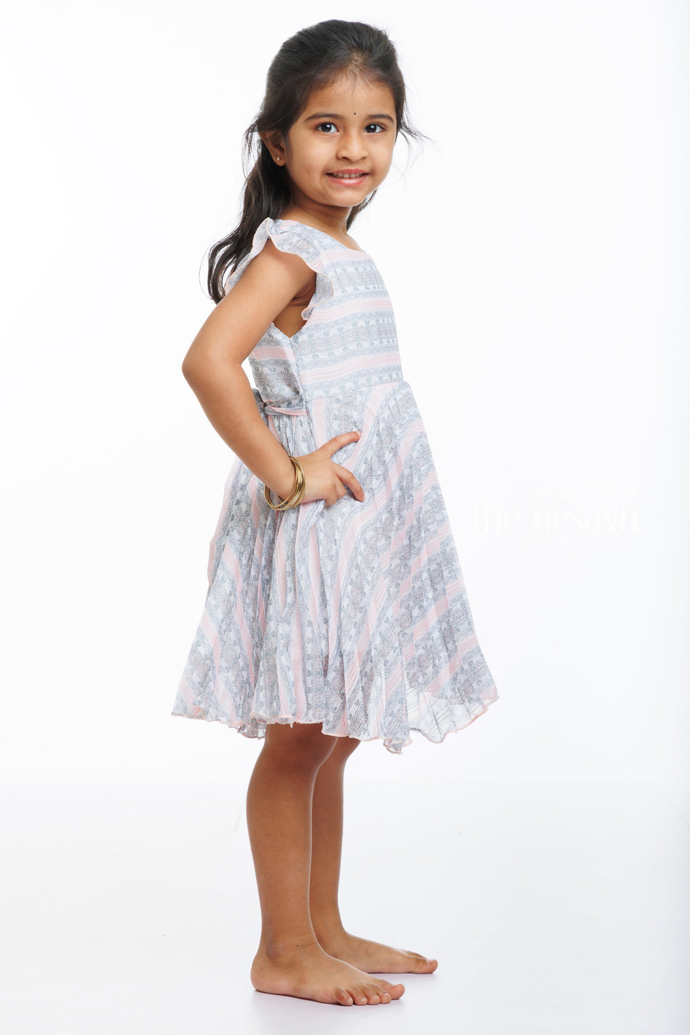 The Nesavu Baby Fancy Frock Baby Girls Whimsical Floral Stripe Summer Dress - Ethereal Comfort Nesavu Girls Pink and Grey Floral Stripe Dress | Perfect for Playdates and Parties | The Nesavu