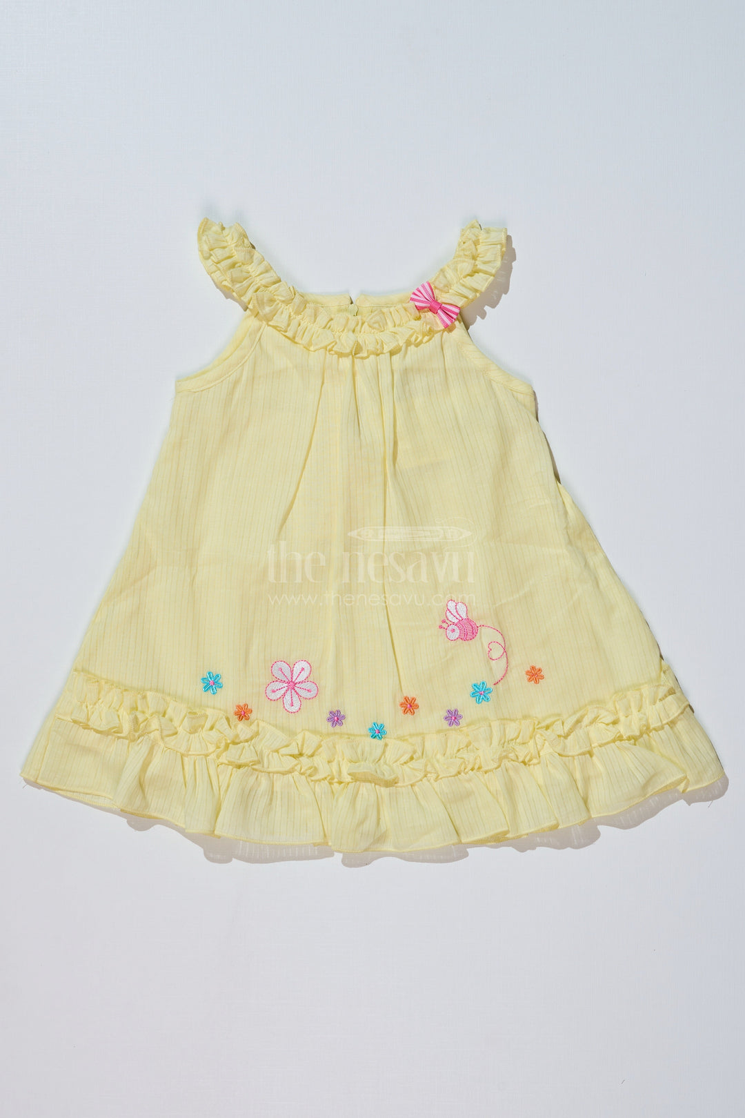 The Nesavu Baby Cotton Frocks Baby Girls Yellow Cotton Frock with Floral Embroidery and Ruffled Straps for Everyday Wear Nesavu 14 (6M) / Yellow BFJ719A-14 Nesavu Baby Girls Yellow Cotton Frock Floral Embroidery Ruffled Straps