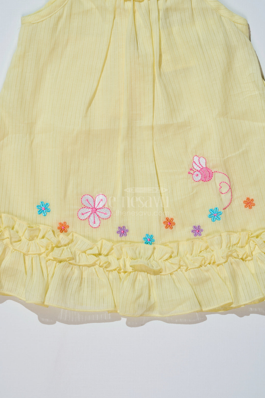 The Nesavu Baby Cotton Frocks Baby Girls Yellow Cotton Frock with Floral Embroidery and Ruffled Straps for Everyday Wear Nesavu Nesavu Baby Girls Yellow Cotton Frock Floral Embroidery Ruffled Straps