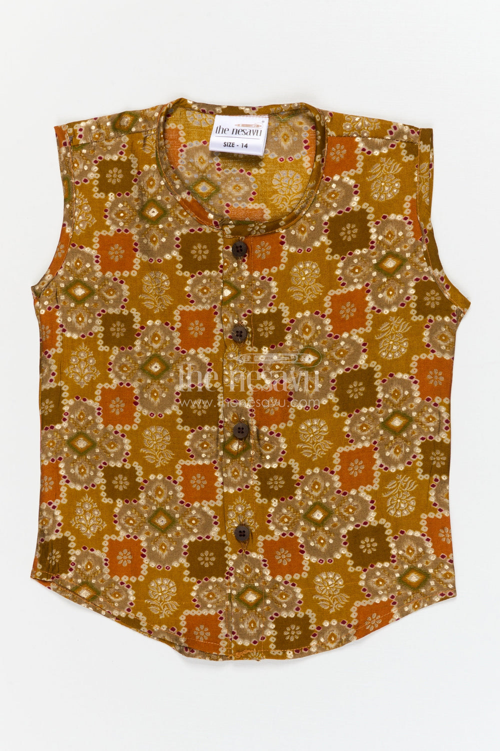 The Nesavu Baby Jablas Baby Jabla for Relaxed Home Wear and All-day Comfort Nesavu 10 (NB) / Yellow / Viscose Silk IF039B-10 Nesavu sleeveless baby jabla in modal silk with ethnic block print – ideal for home and summer wear