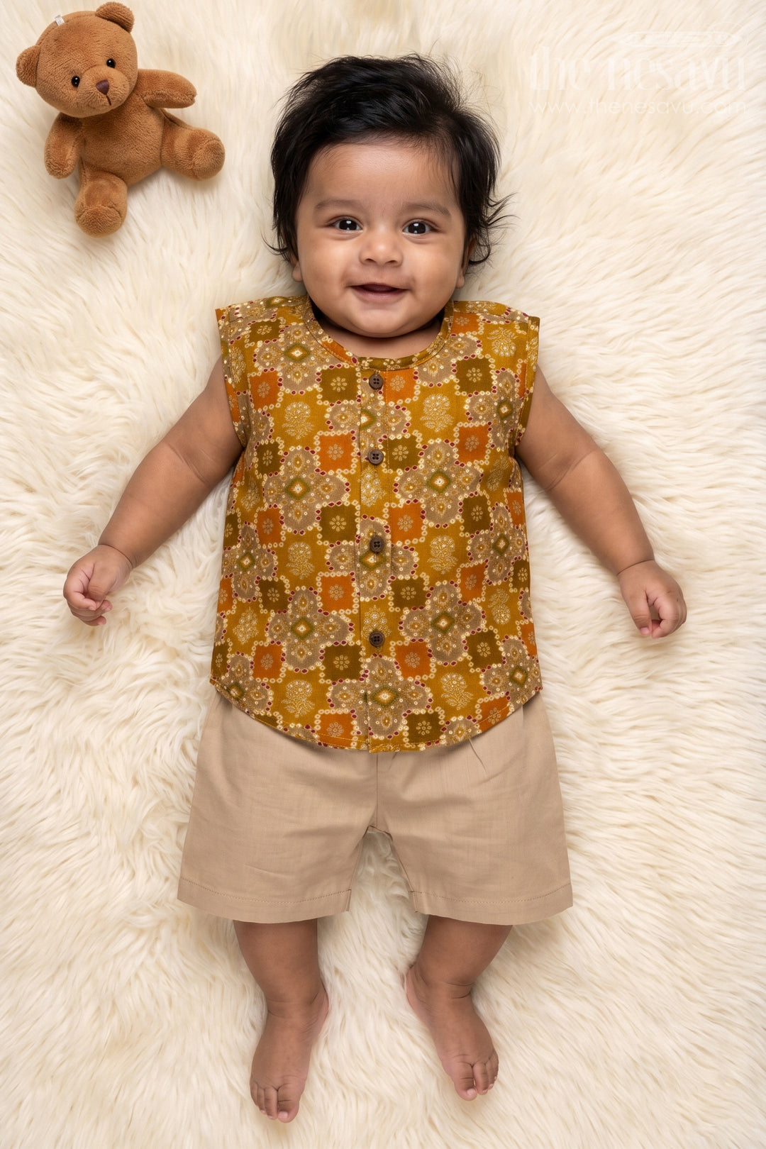 The Nesavu Baby Jablas Baby Jabla for Relaxed Home Wear and All-day Comfort Nesavu 10 (NB) / Yellow / Viscose Silk IF039B-10 Nesavu sleeveless baby jabla in modal silk with ethnic block print – ideal for home and summer wear