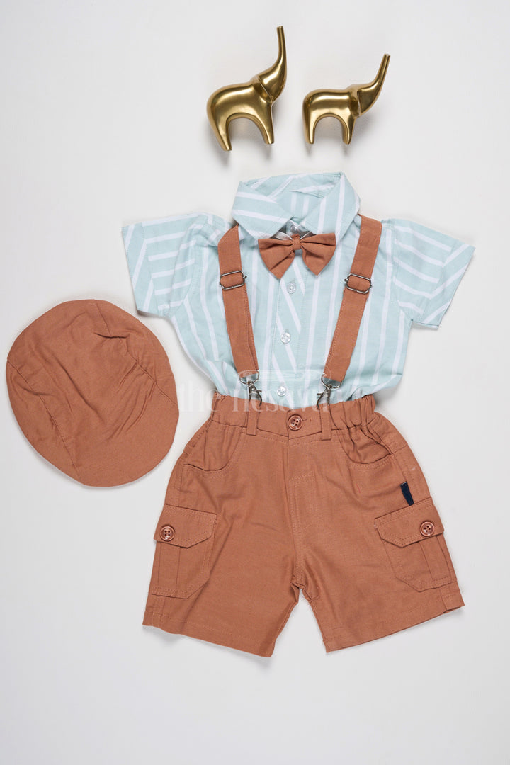 The Nesavu Baby Dungarees Baby Linen Co-Ord Set with Green Striped Shirt, Brown Suspenders, and Coordinated Shorts Nesavu 12 (3M) / Multicolor BCS158B-12 Nesavu Baby Linen Co-Ord Set Green Striped Shirt Brown Suspenders Coordinated Cargo Shorts