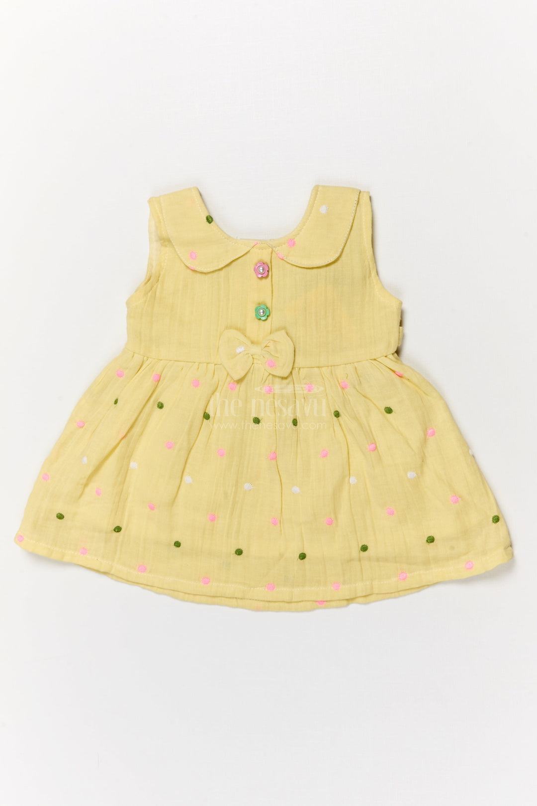 The Nesavu Baby Cotton Frocks Baby Muslin Frock with Bow and Playful Dot Embroidery Nesavu 14 (6M) / Yellow / Cotton Blend BFJ912B-14 Nesavu baby frock with embroidered polka dots and bow in soft muslin cotton