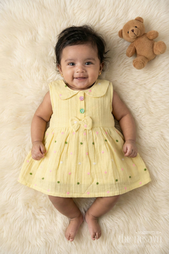 The Nesavu Baby Cotton Frocks Baby Muslin Frock with Bow and Playful Dot Embroidery Nesavu 14 (6M) / Yellow / Cotton Blend BFJ912B-14 Nesavu baby frock with embroidered polka dots and bow in soft muslin cotton