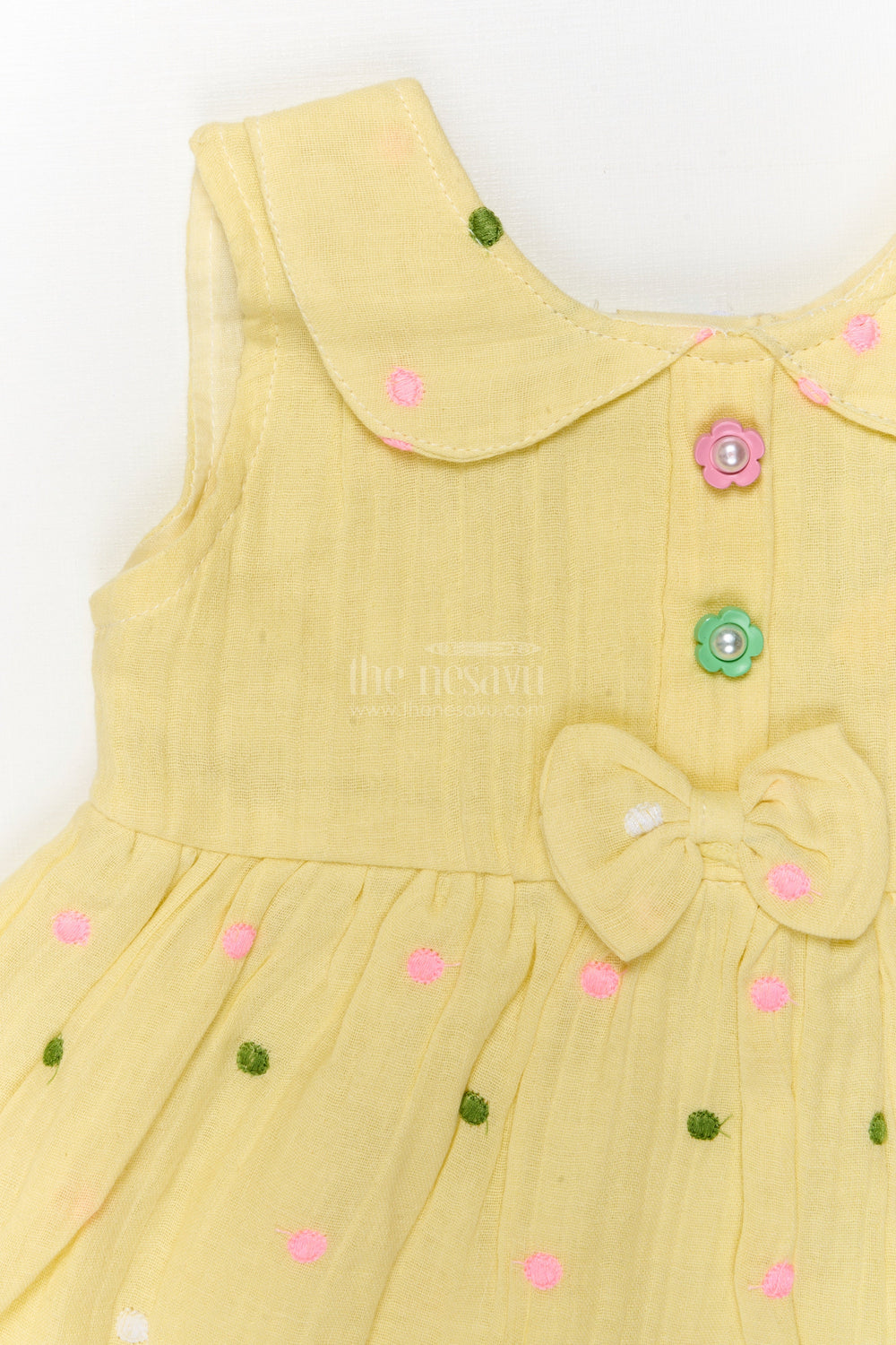 The Nesavu Baby Cotton Frocks Baby Muslin Frock with Bow and Playful Dot Embroidery Nesavu Nesavu baby frock with embroidered polka dots and bow in soft muslin cotton