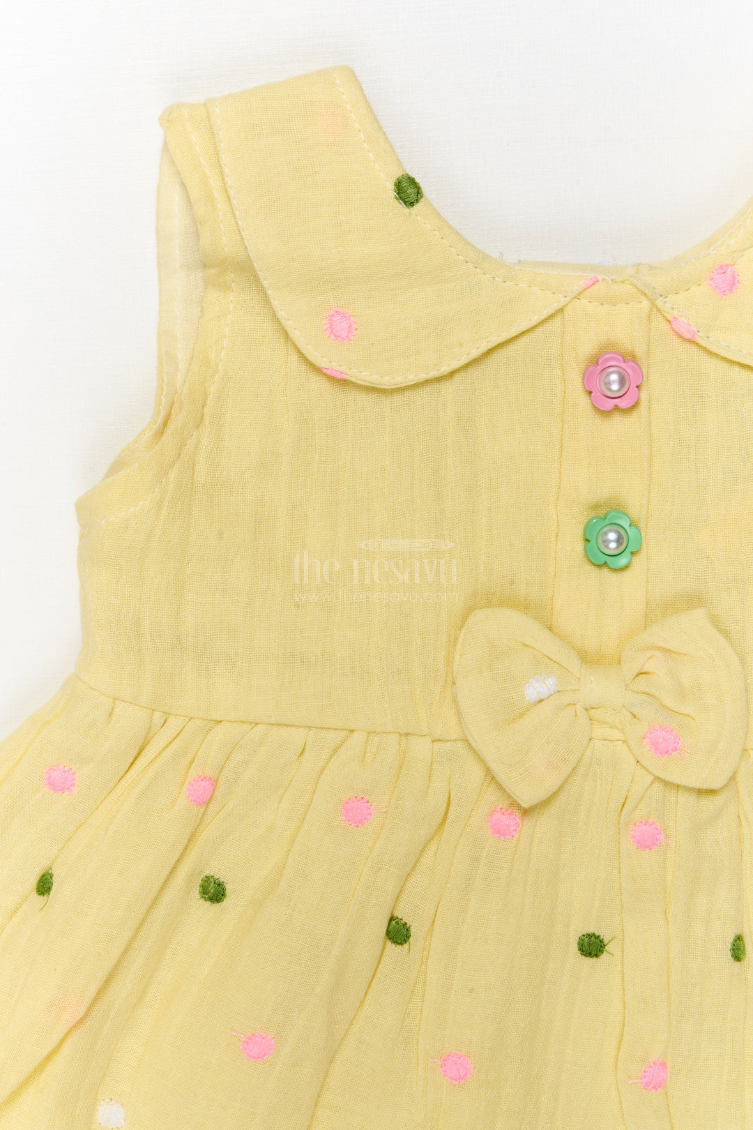 The Nesavu Baby Cotton Frocks Baby Muslin Frock with Bow and Playful Dot Embroidery Nesavu Nesavu baby frock with embroidered polka dots and bow in soft muslin cotton