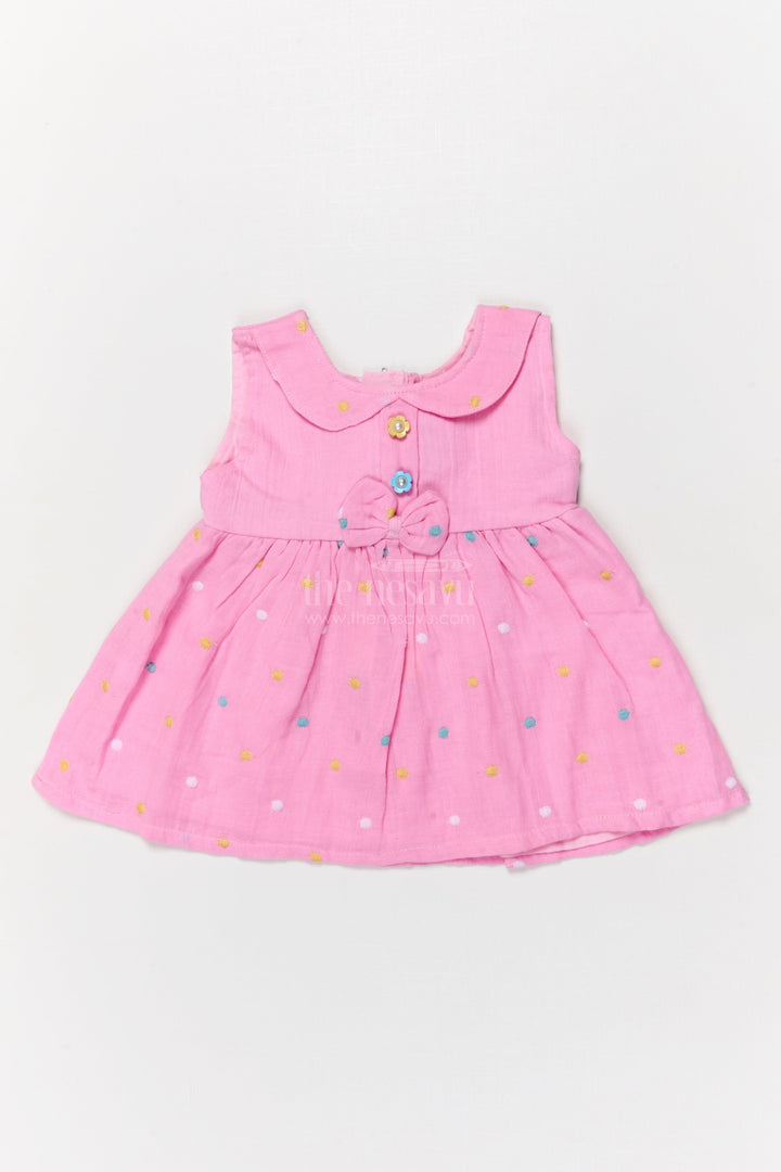 The Nesavu Baby Cotton Frocks Baby Muslin Frock with Playful Embroidery for Everyday Cuteness Nesavu 14 (6M) / Pink / Cotton Blend BFJ912A-14 Nesavu muslin cotton frock with polka embroidery and bow detail for everyday wear