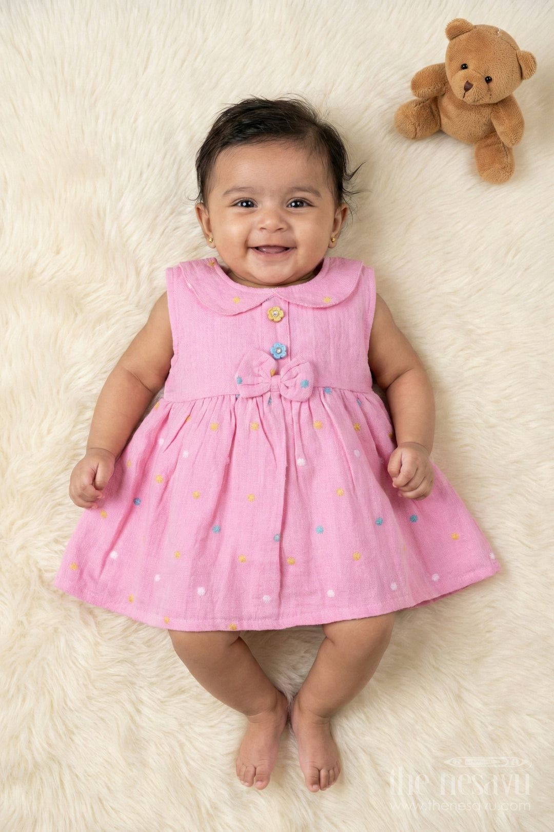The Nesavu Baby Cotton Frocks Baby Muslin Frock with Playful Embroidery for Everyday Cuteness Nesavu 14 (6M) / Pink / Cotton Blend BFJ912A-14 Nesavu muslin cotton frock with polka embroidery and bow detail for everyday wear