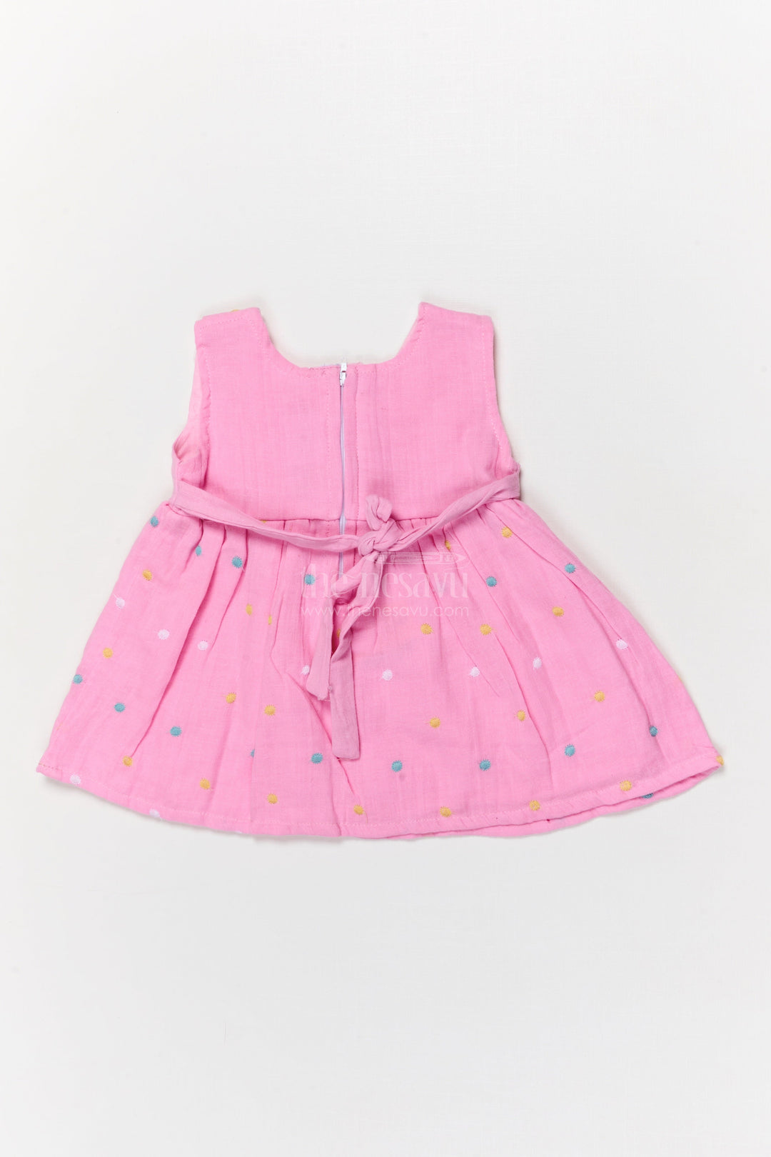The Nesavu Baby Cotton Frocks Baby Muslin Frock with Playful Embroidery for Everyday Cuteness Nesavu Nesavu muslin cotton frock with polka embroidery and bow detail for everyday wear