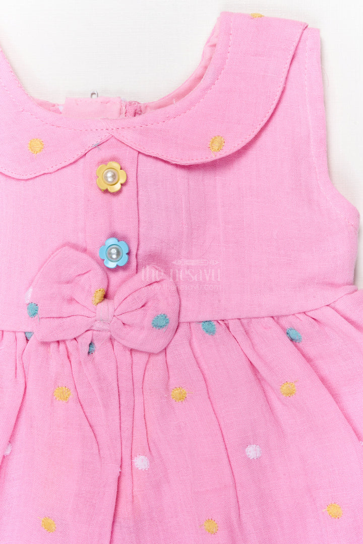 The Nesavu Baby Cotton Frocks Baby Muslin Frock with Playful Embroidery for Everyday Cuteness Nesavu Nesavu muslin cotton frock with polka embroidery and bow detail for everyday wear