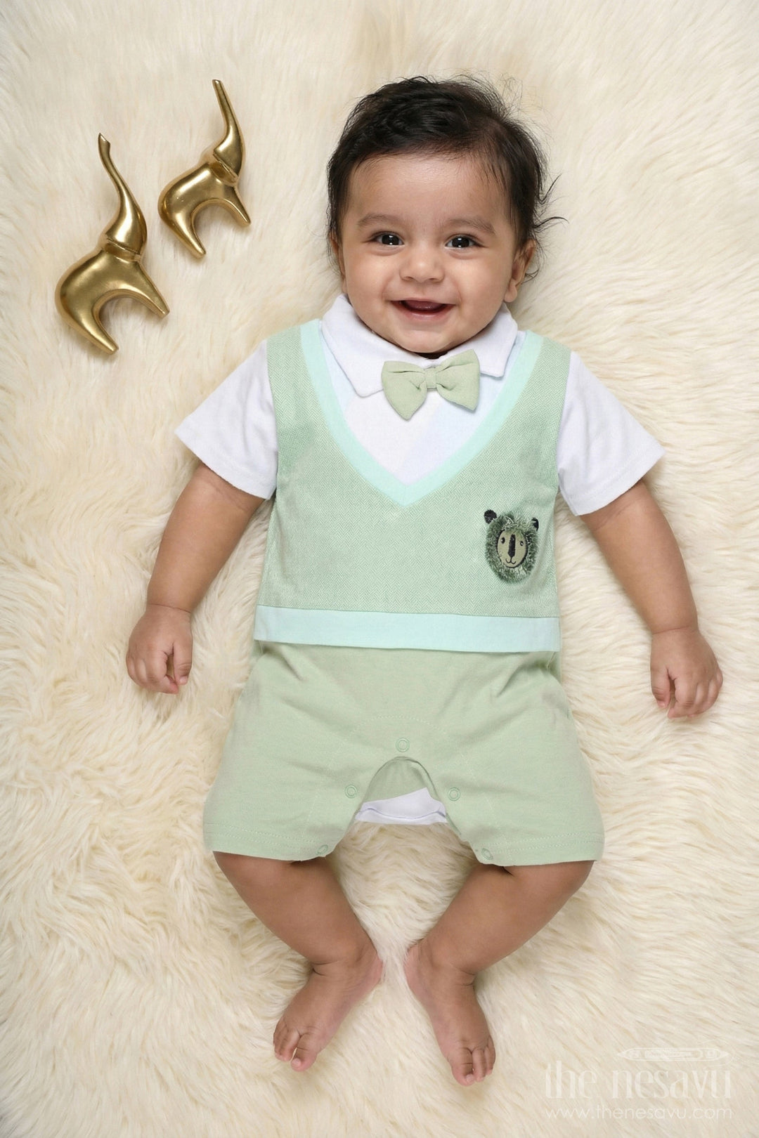 The Nesavu Baby Rompers/Onesies Baby Olive Green Romper with Panda Applique and Bow Tie for Casual Outings Nesavu 10 (NB) / Teal BCS151B-10 Nesavu Baby Olive Green Baby Romper Panda Applique Bow Tie Playdates Family Outings