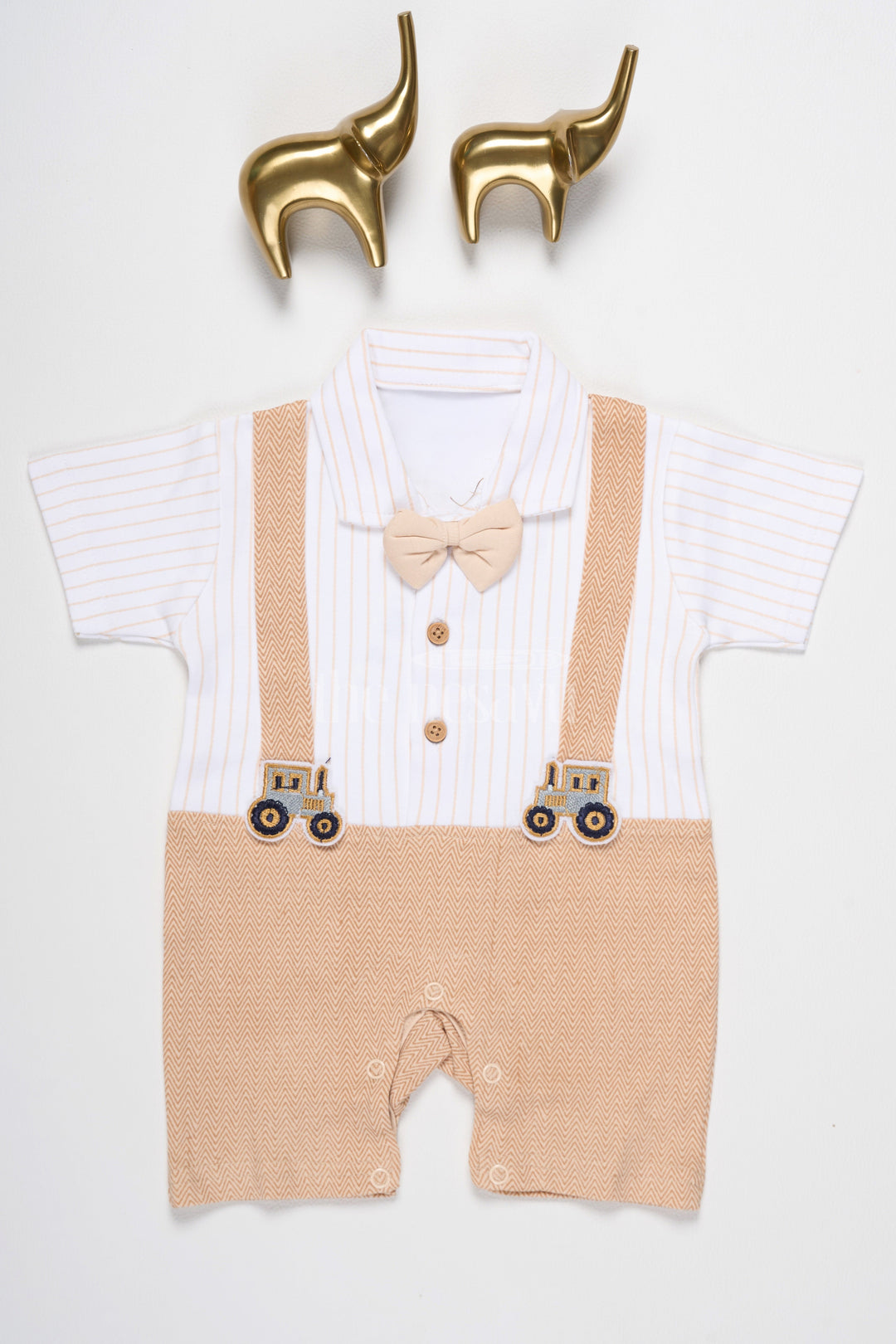 The Nesavu Baby Rompers/Onesies Baby Orange Romper with Vintage-Inspired Suspenders and Bow Tie for Special Gatherings Nesavu 10 (NB) / Orange BCS153B-10 Nesavu Baby Orange Baby Romper Bow Tie Suspenders Train Embroidery Formal Gatherings
