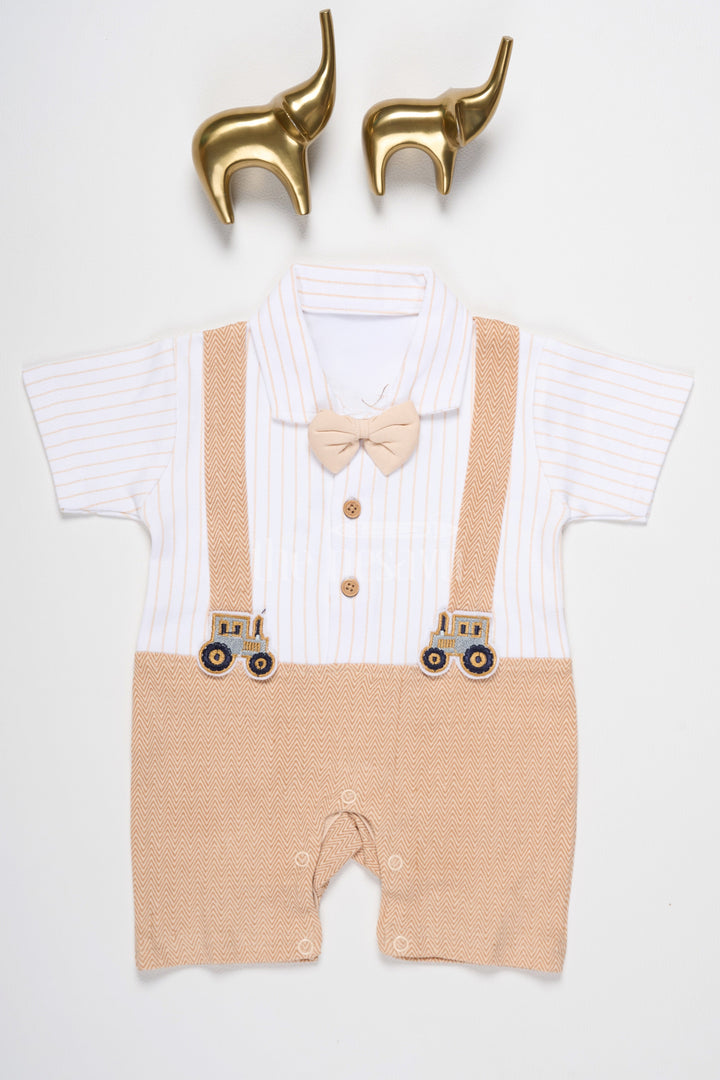 The Nesavu Baby Rompers/Onesies Baby Orange Romper with Vintage-Inspired Suspenders and Bow Tie for Special Gatherings Nesavu 10 (NB) / Orange BCS153B-10 Nesavu Baby Orange Baby Romper Bow Tie Suspenders Train Embroidery Formal Gatherings
