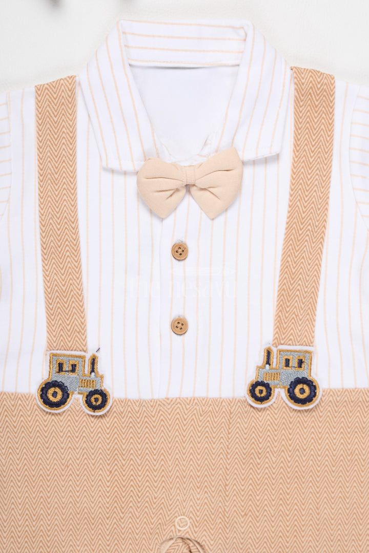 The Nesavu Baby Rompers/Onesies Baby Orange Romper with Vintage-Inspired Suspenders and Bow Tie for Special Gatherings Nesavu Nesavu Baby Orange Baby Romper Bow Tie Suspenders Train Embroidery Formal Gatherings