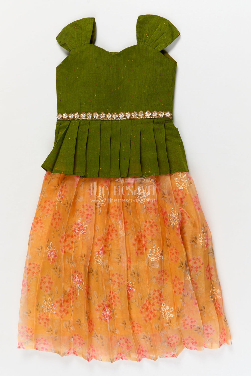The Nesavu Pattu Pavadai Baby Pattu Pavadai with Floral Skirt for Birthdays and Outdoor Events Nesavu 18 (2Y) / Green / Banarasi GPP366A-18 Nesavu floral pattu pavadai for baby girls with raw silk blouse – perfect for birthdays and summer events