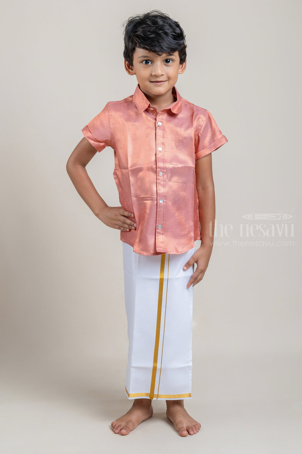 The Nesavu Boys Shirts Baby Pink Delight Little Maharaja Pattu Silk Shirt psr silks Nesavu 14 (6M) / Salmon BS033