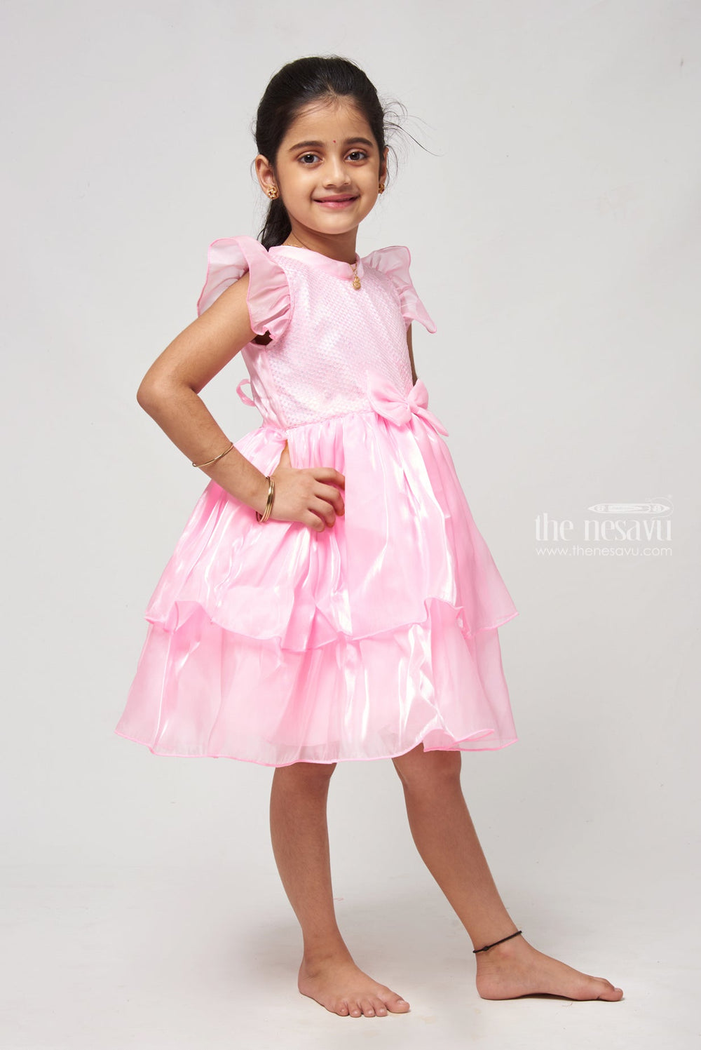 The Nesavu Girls Fancy Party Frock Baby Pink Elegance Sequin-Detailed Gown for Infants - Monotone Party Frock with Bow & Dual Layers Nesavu Newborn Birthday Outfit | Party Wear Frock For Girls | The Nesavu
