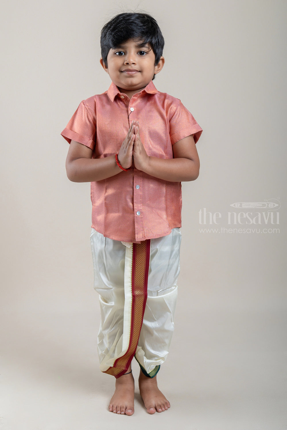 The Nesavu Boys Shirts Baby Pink Perfection Traditional Boys Pattu Silk Shirt psr silks Nesavu 14 (6M) / Salmon BS032