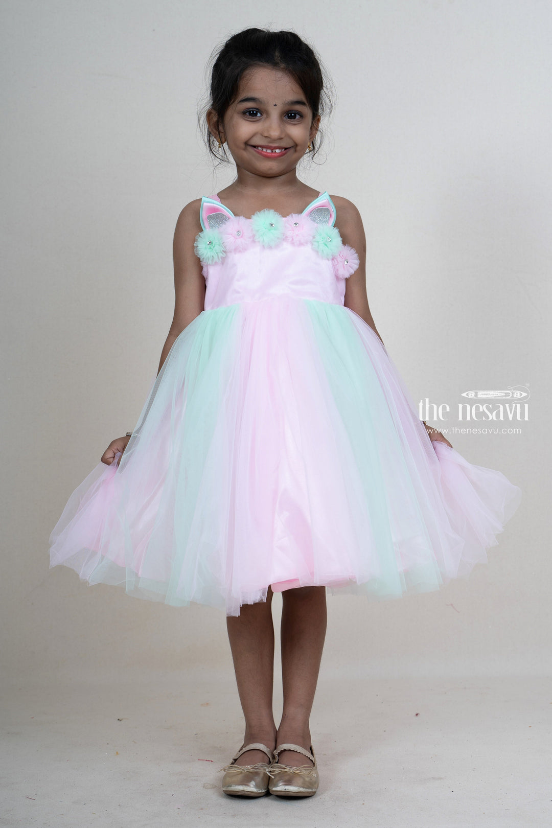 The Nesavu Girls Tutu Frock Baby Pink With Green Designer Soft Net Frock For Baby Girls Nesavu 16 (1Y) / Pink PF74A-16 Party Wear Gowns For Toddlers | Designer Floral Trims Patterns | The Nesavu