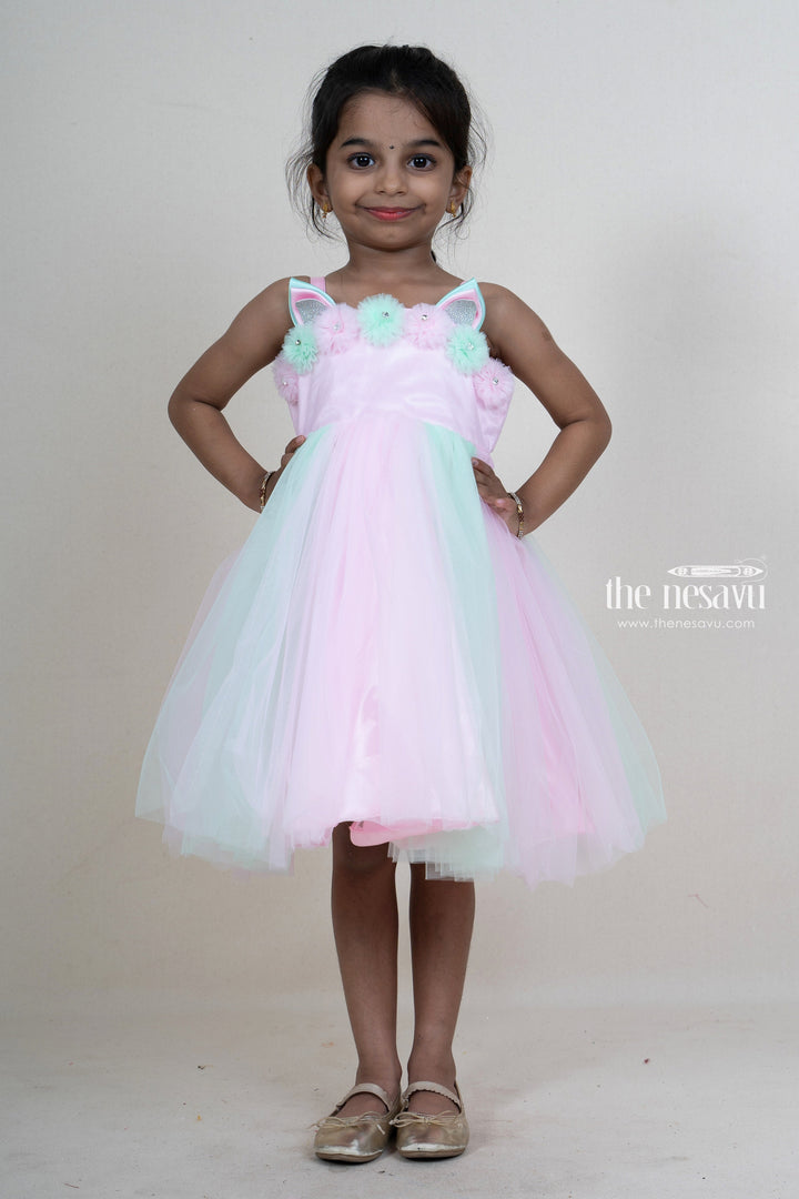 The Nesavu Girls Tutu Frock Baby Pink With Green Designer Soft Net Frock For Baby Girls Nesavu Party Wear Gowns For Toddlers | Designer Floral Trims Patterns | The Nesavu