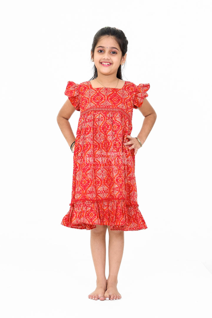 The Nesavu Girls Cotton Frock Babyhug Cotton Frock in Red with Intricate Patterns and Ruffled Hem Nesavu 16 (1Y) / Red GFC1580B-16 Nesavu Babyhug Cotton Frock Red Ruffled Hem Elegant Patterns
