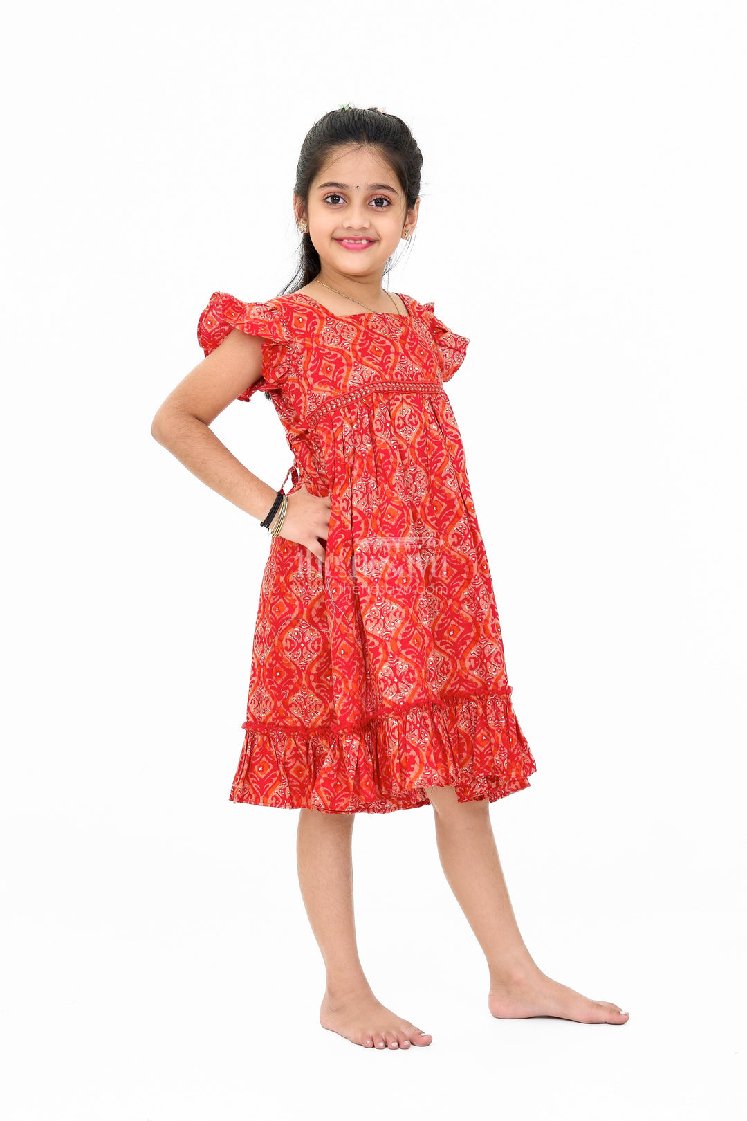 The Nesavu Girls Cotton Frock Babyhug Cotton Frock in Red with Intricate Patterns and Ruffled Hem Nesavu Nesavu Babyhug Cotton Frock Red Ruffled Hem Elegant Patterns