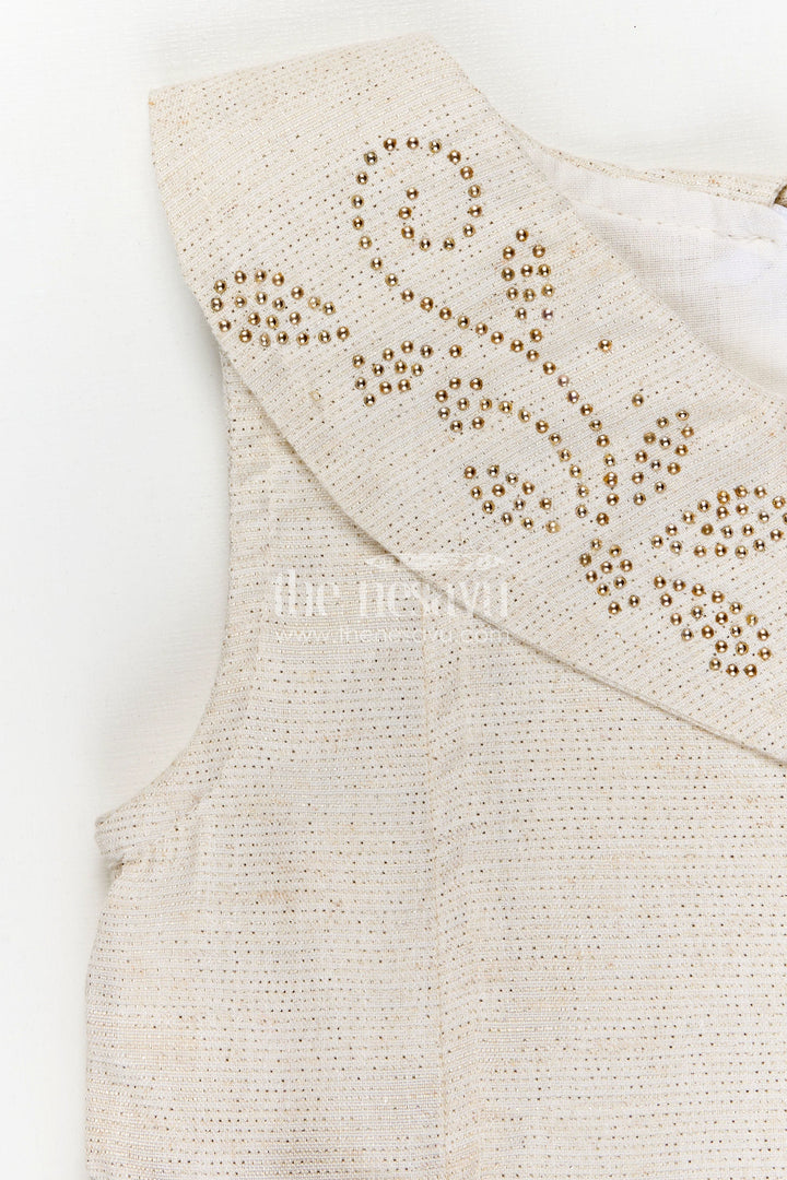 The Nesavu Girls Fancy Frock Bacchon Ki Dress Cream Girls Fancy Frock in Cotton Satin with Pleated Panels and Glitter Bow Accents Nesavu Nesavu Bacchon Ki Dress Cream Girls Frock Cotton Satin Glitter Bows Elegant Pleats
