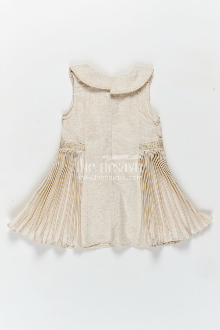 The Nesavu Girls Fancy Frock Bacchon Ki Dress Cream Girls Fancy Frock in Cotton Satin with Pleated Panels and Glitter Bow Accents Nesavu Nesavu Bacchon Ki Dress Cream Girls Frock Cotton Satin Glitter Bows Elegant Pleats