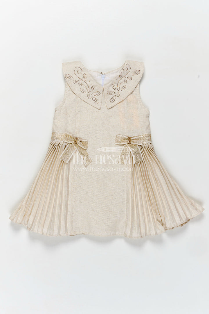 The Nesavu Girls Fancy Frock Bacchon Ki Dress Cream Girls Fancy Frock in Cotton Satin with Pleated Panels and Glitter Bow Accents Nesavu Nesavu Bacchon Ki Dress Cream Girls Frock Cotton Satin Glitter Bows Elegant Pleats