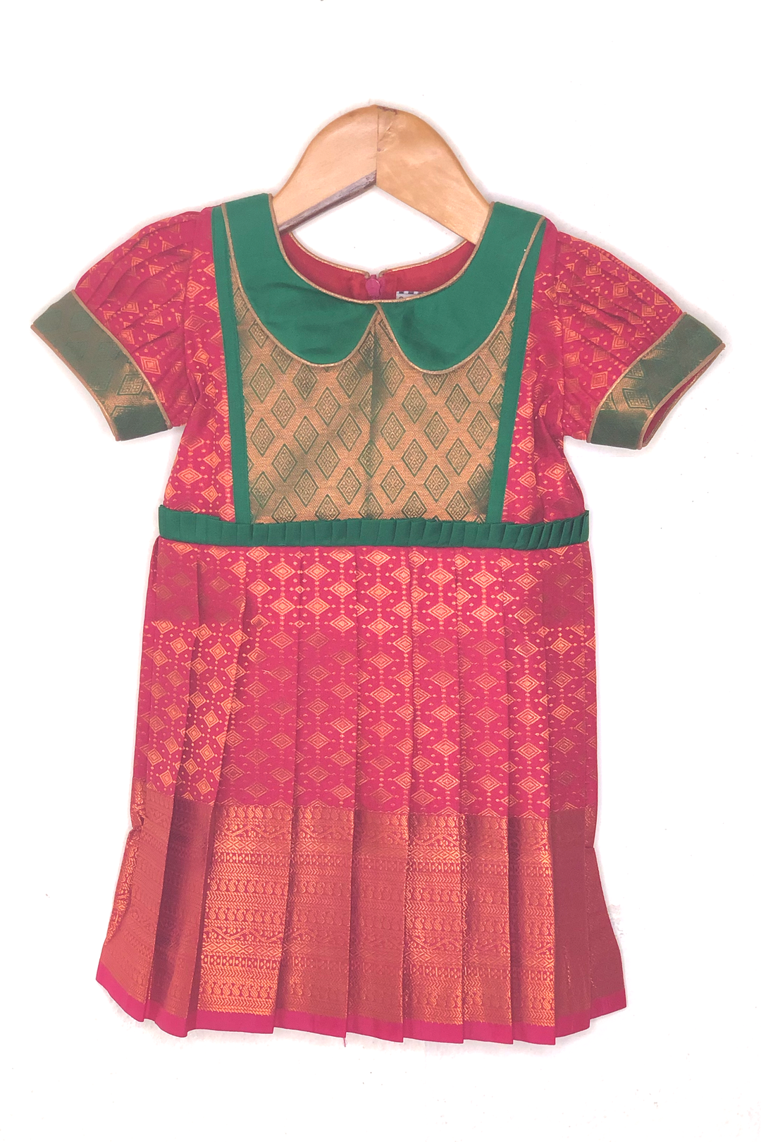 The Nesavu Girls Kanchi Silk Frock Banaras Brocade Printed Green Yoke And Pink Semi-Silk Frock With Peter Pan Collar Nesavu 14 (6M) / Pink SF464FB Green And Pink Banaras Silk Dresses | Festive Wear Collection | The Nesavu
