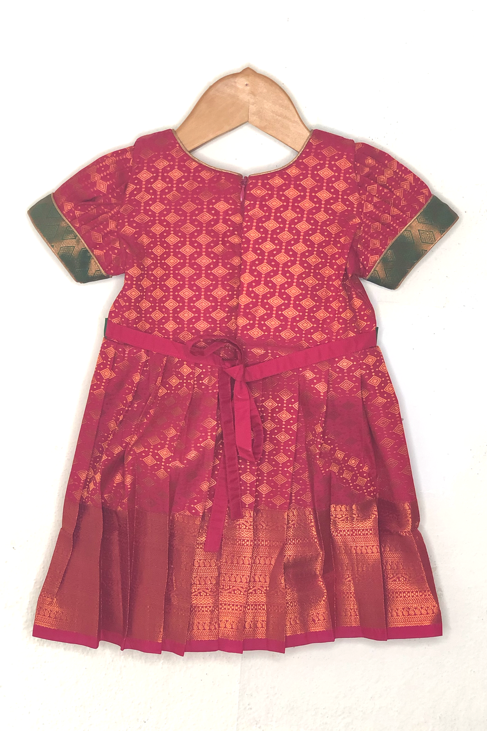 The Nesavu Girls Kanchi Silk Frock Banaras Brocade Printed Green Yoke And Pink Semi-Silk Frock With Peter Pan Collar Nesavu Green And Pink Banaras Silk Dresses | Festive Wear Collection | The Nesavu
