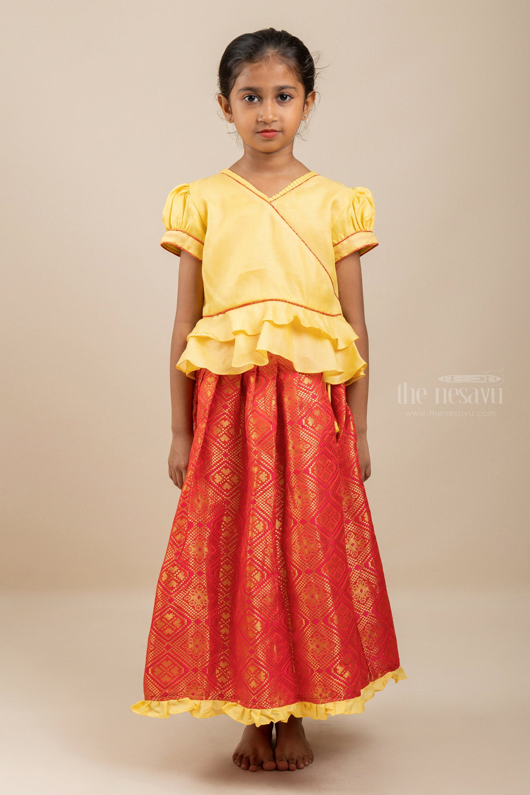 The Nesavu Pattu Pavadai Banaras Red Brocade Silk Langa With Bright Yellow Designer Ethnic Top Nesavu 16 (1Y) / Orange / Jacquard GPP163-16 Pattu Langa voni Girl Baby | New Silk Pavada designs | the Nesavu