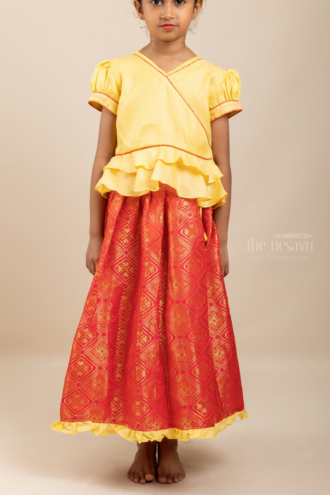 The Nesavu Pattu Pavadai Banaras Red Brocade Silk Langa With Bright Yellow Designer Ethnic Top Nesavu Pattu Langa voni Girl Baby | New Silk Pavada designs | the Nesavu