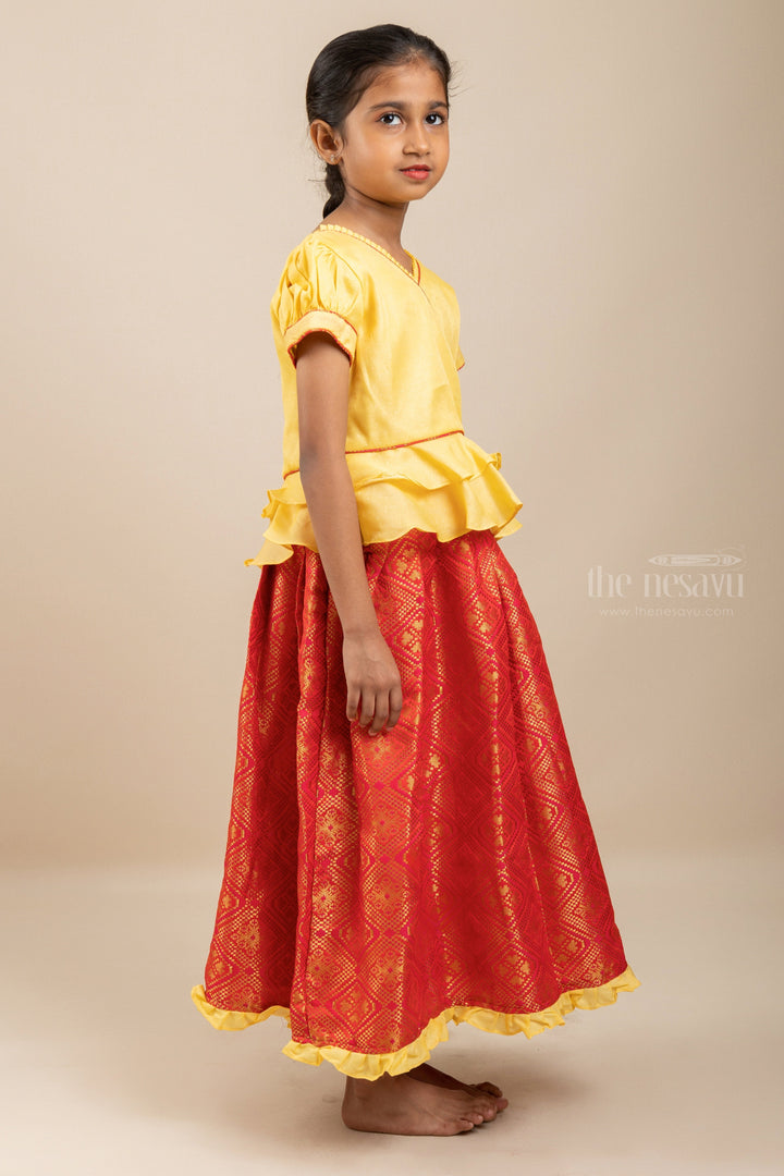 The Nesavu Pattu Pavadai Banaras Red Brocade Silk Langa With Bright Yellow Designer Ethnic Top Nesavu Pattu Langa voni Girl Baby | New Silk Pavada designs | the Nesavu