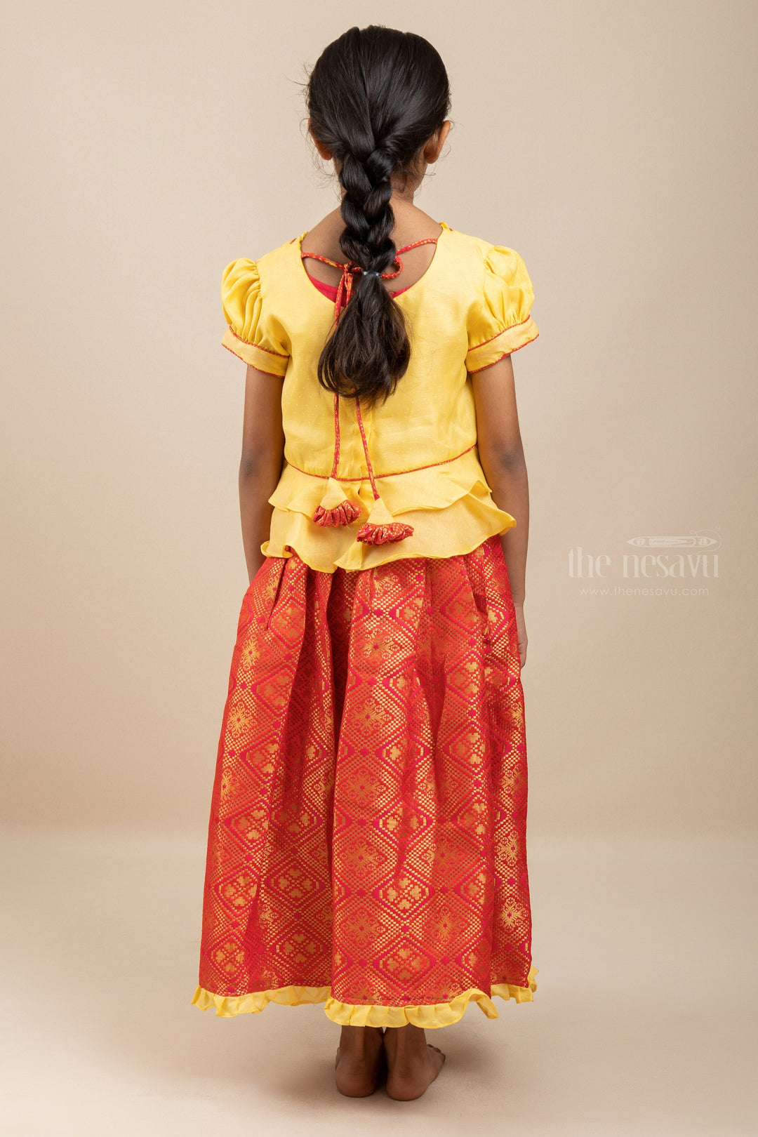 The Nesavu Pattu Pavadai Banaras Red Brocade Silk Langa With Bright Yellow Designer Ethnic Top Nesavu Pattu Langa voni Girl Baby | New Silk Pavada designs | the Nesavu