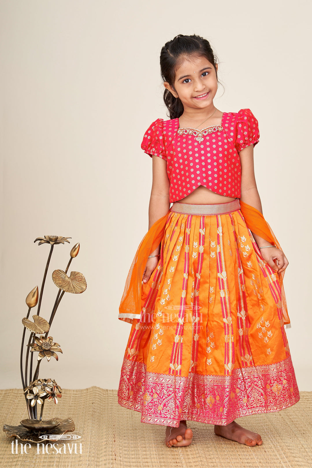The Nesavu Girls Lehenga Choli Banarasi Lehenga Blouse Design For Girls Traditional Zari Set Nesavu 16 (1Y) / Pink GL735A-16 Nesavu Girls Banarasi Silk Lehenga Blouse Design Zari Border Vibrant Traditional Color Contrast
