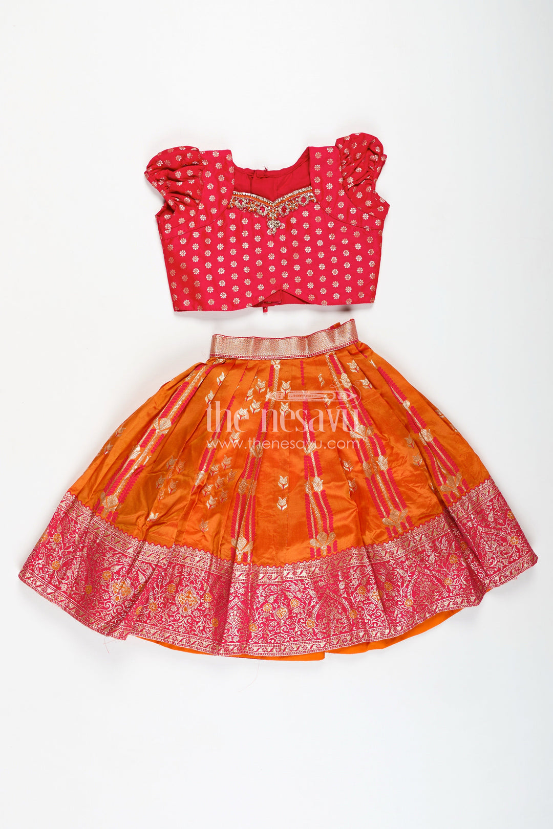 The Nesavu Girls Lehenga Choli Banarasi Lehenga Blouse Design for Girls Traditional Zari Set Nesavu Nesavu Girls Banarasi Silk Lehenga Blouse Design Zari Border Vibrant Traditional Color Contrast