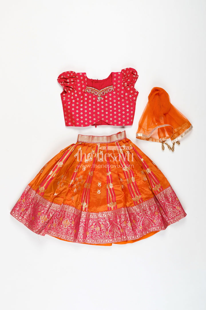 The Nesavu Girls Lehenga Choli Banarasi Lehenga Blouse Design for Girls Traditional Zari Set Nesavu Nesavu Girls Banarasi Silk Lehenga Blouse Design Zari Border Vibrant Traditional Color Contrast