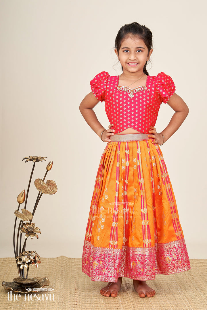 The Nesavu Girls Lehenga Choli Banarasi Lehenga Blouse Design For Girls Traditional Zari Set Nesavu Nesavu Girls Banarasi Silk Lehenga Blouse Design Zari Border Vibrant Traditional Color Contrast