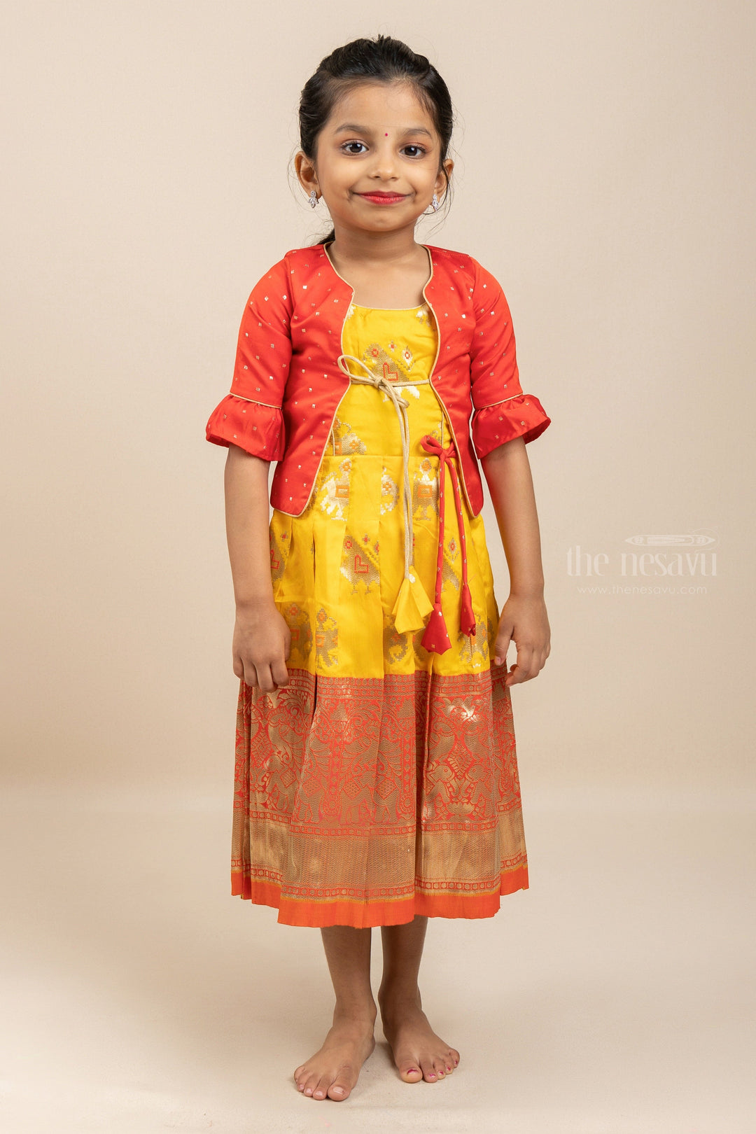 The Nesavu Silk Gown Banarasi Semi Silk Long Frock With Big Border With Jacket Nesavu 28 (7Y) / Yellow GA088A-28 Girls Indian Anarkali Dresses For Party / Wedding | The Nesavu