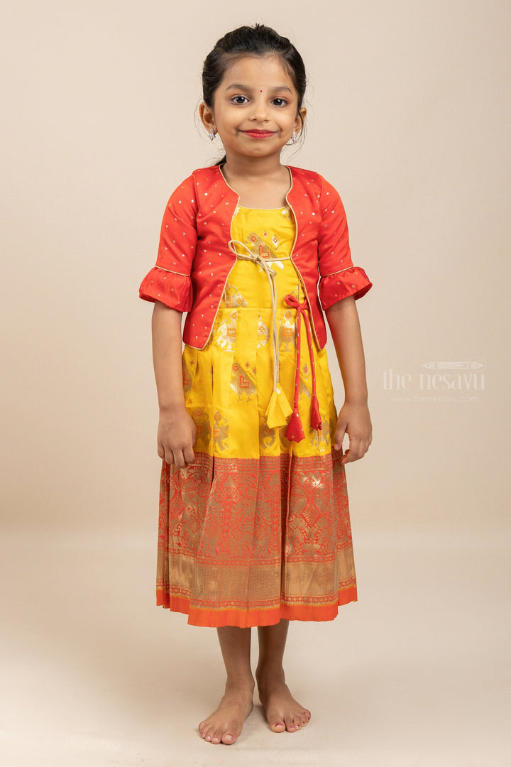 The Nesavu Silk Gown Banarasi Semi Silk Long Frock With Big Border With Jacket Nesavu 28 (7Y) / Yellow GA088A-28 Girls Indian Anarkali Dresses For Party / Wedding | The Nesavu