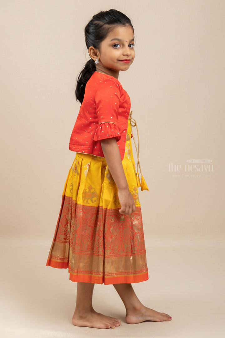 The Nesavu Silk Gown Banarasi Semi Silk Long Frock With Big Border With Jacket Nesavu 28 (7Y) / Yellow GA088A-28 Girls Indian Anarkali Dresses For Party / Wedding | The Nesavu