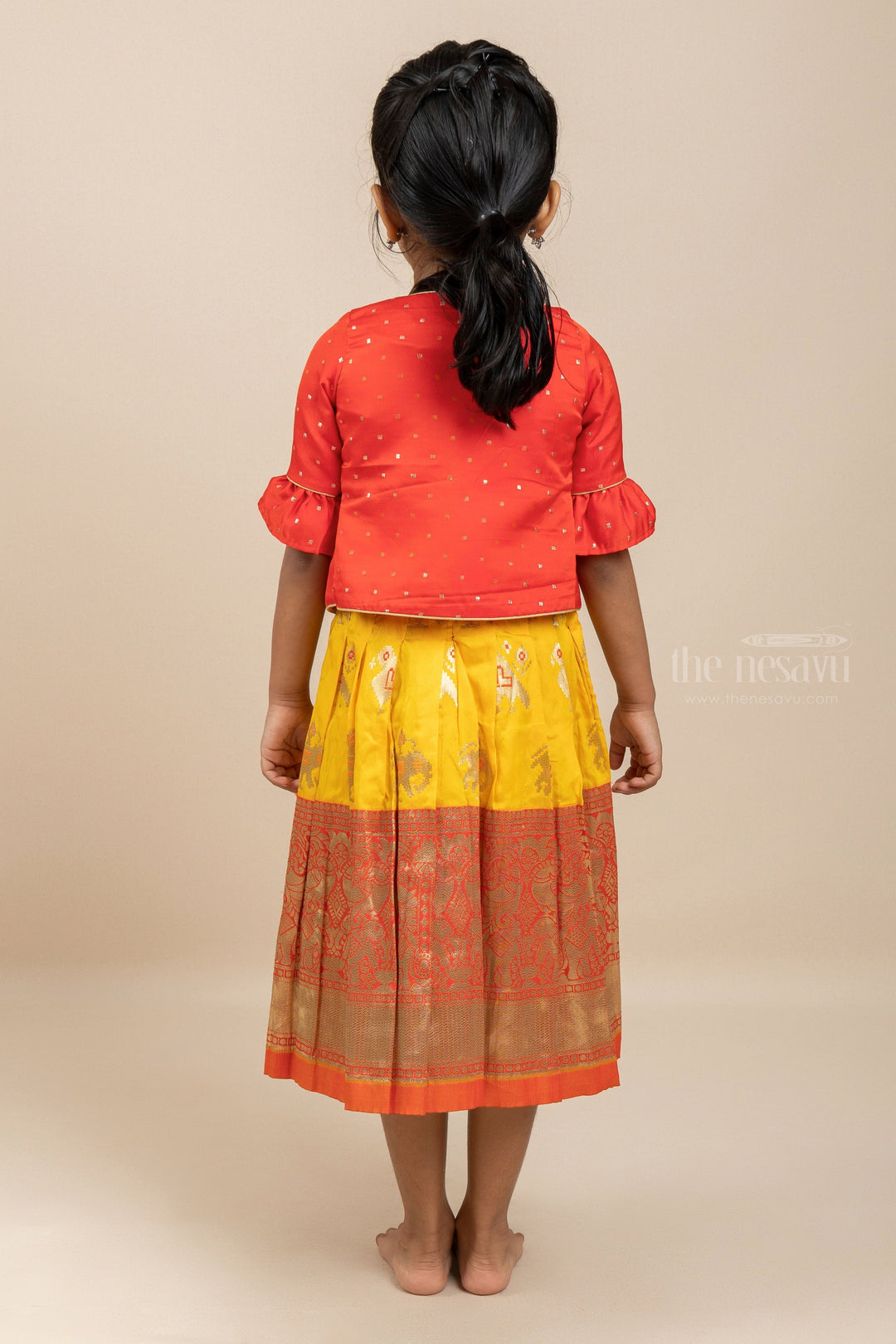 The Nesavu Silk Gown Banarasi Semi Silk Long Frock With Big Border With Jacket Nesavu 28 (7Y) / Yellow GA088A-28 Girls Indian Anarkali Dresses For Party / Wedding | The Nesavu