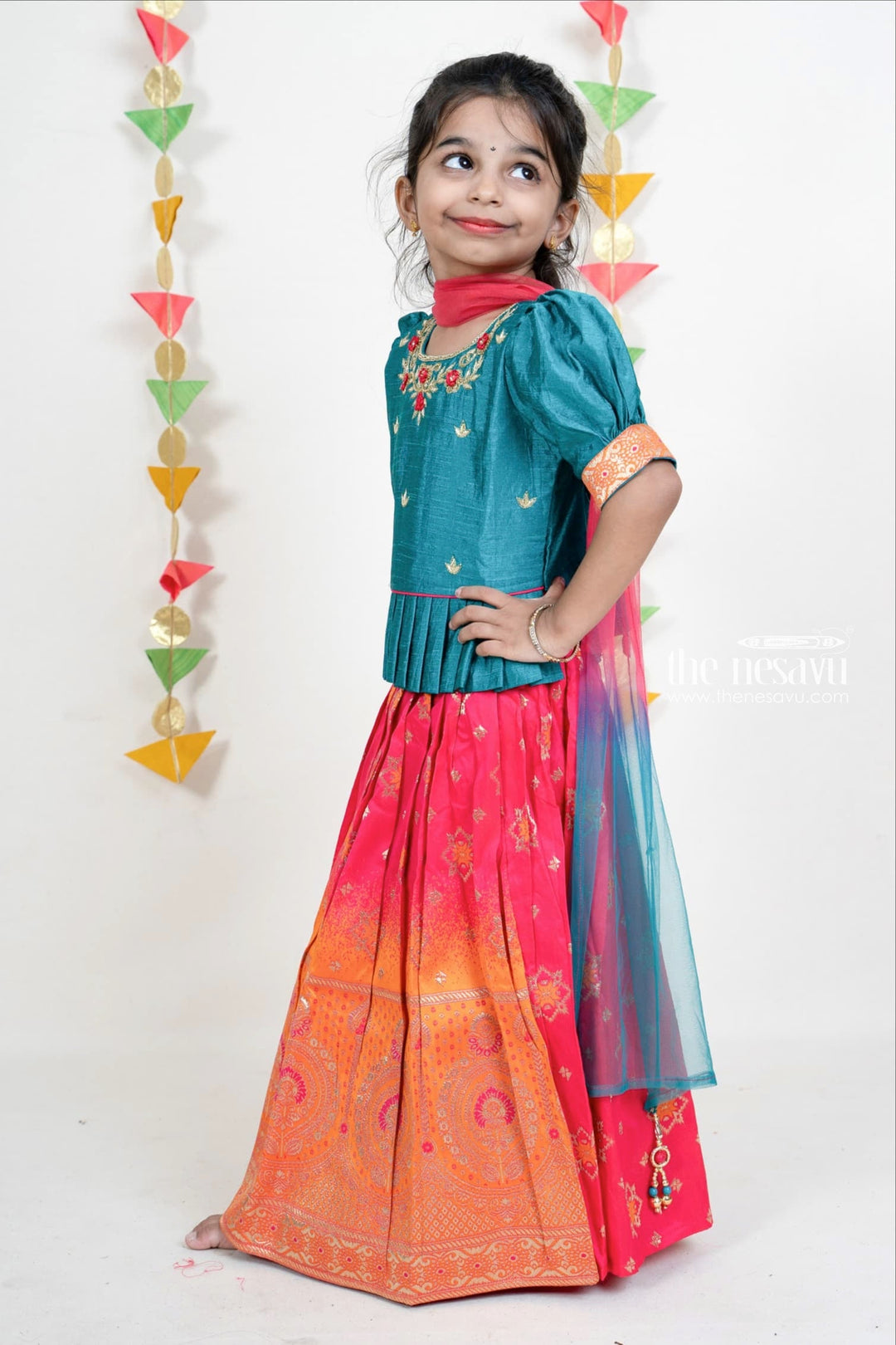 The Nesavu Lehenga & Ghagra Banarasi Silk Cotton Lehenga With Peplum Embroidery Silk Blouse For Girls Nesavu Silk Langa Voni Designer Wear Choli | Festive Dresses For Girls Online | The Nesavu