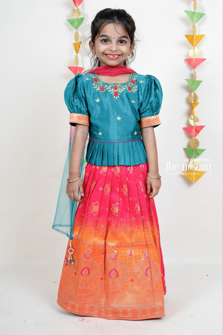 The Nesavu Lehenga & Ghagra Banarasi Silk Cotton Lehenga With Peplum Embroidery Silk Blouse For Girls Nesavu Silk Langa Voni Designer Wear Choli | Festive Dresses For Girls Online | The Nesavu